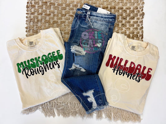 School + Mascot Faux Glitter Faux Embroidery Tee